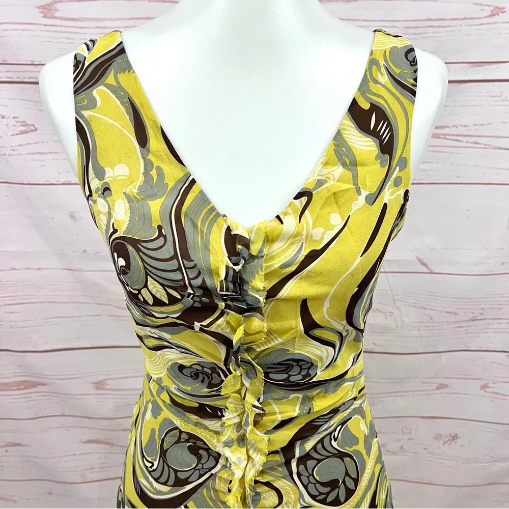 Vintage BCBG Maxazria Y2K Chartreuse Psychedelic Paisley Silk Art Deco Dress